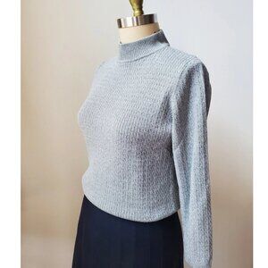 90's Karen Scott Light Gray Cotton Cable Knit Mock Neck Sweater Size Medium M